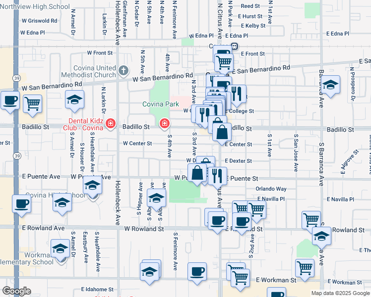 map of restaurants, bars, coffee shops, grocery stores, and more near 228 West Center Street in Covina