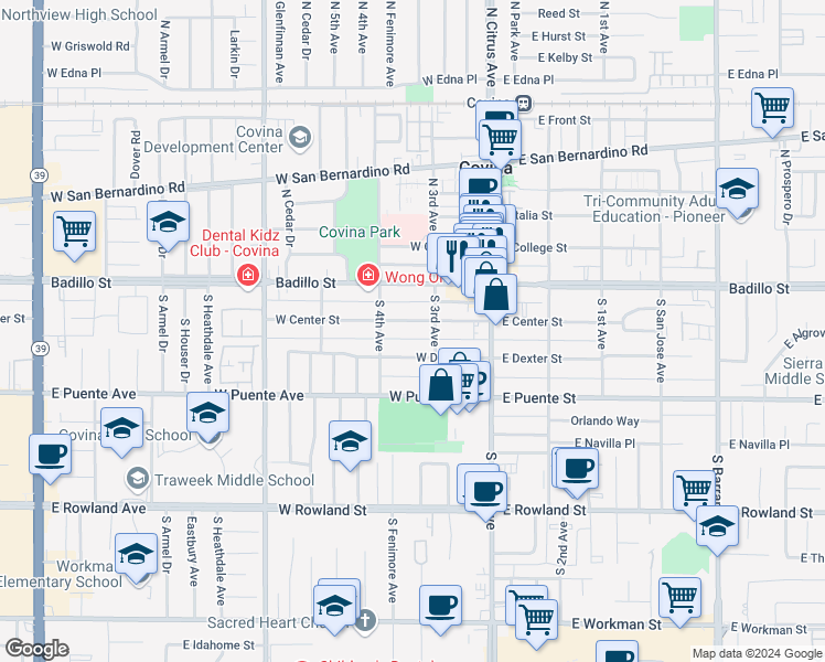 map of restaurants, bars, coffee shops, grocery stores, and more near 228 West Center Street in Covina