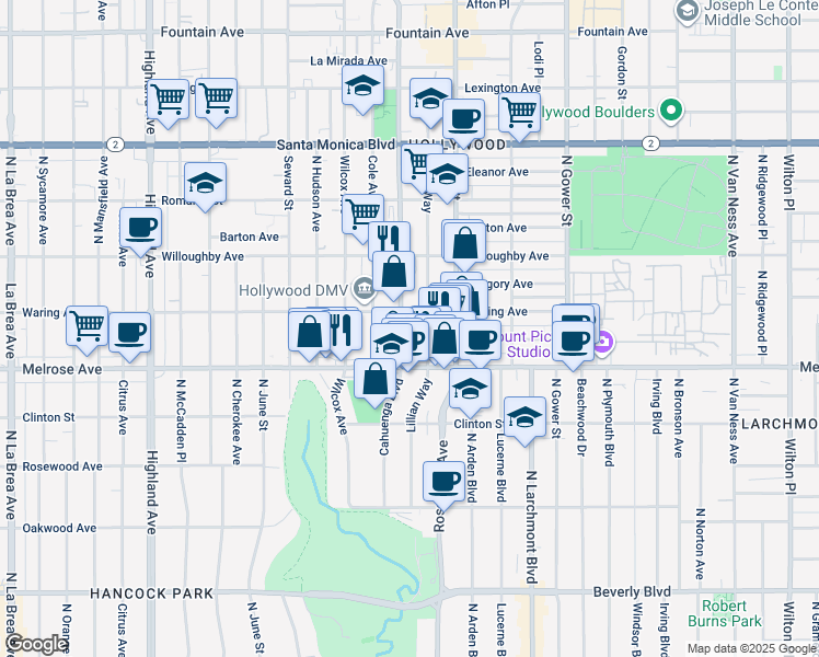 map of restaurants, bars, coffee shops, grocery stores, and more near 731 North Cahuenga Boulevard in Los Angeles