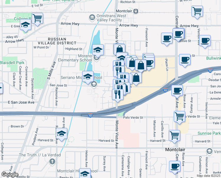 map of restaurants, bars, coffee shops, grocery stores, and more near 9306 Mesa Verde Drive in Montclair