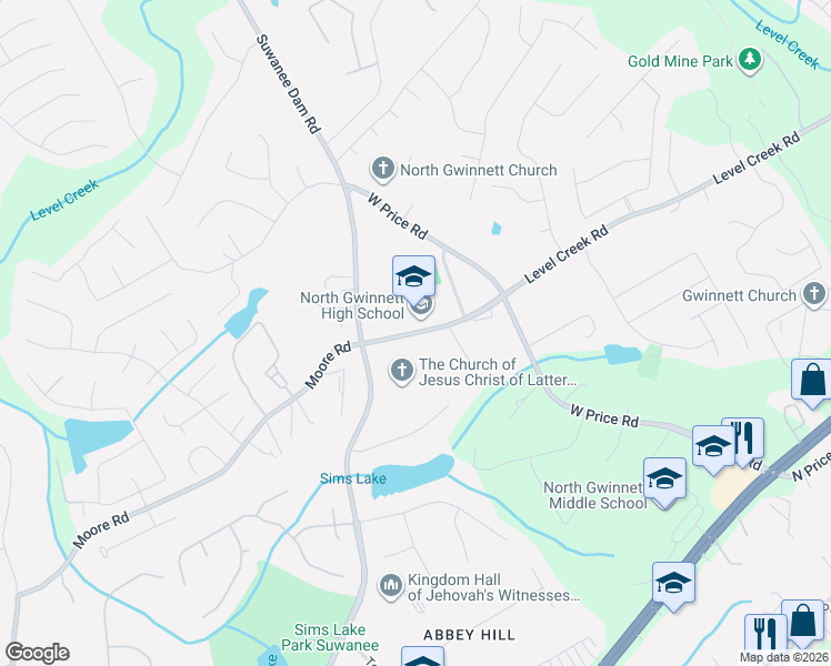map of restaurants, bars, coffee shops, grocery stores, and more near 31 Level Creek Road Northwest in Buford