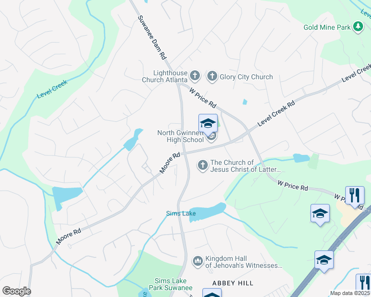 map of restaurants, bars, coffee shops, grocery stores, and more near 4 Level Creek Road in Suwanee