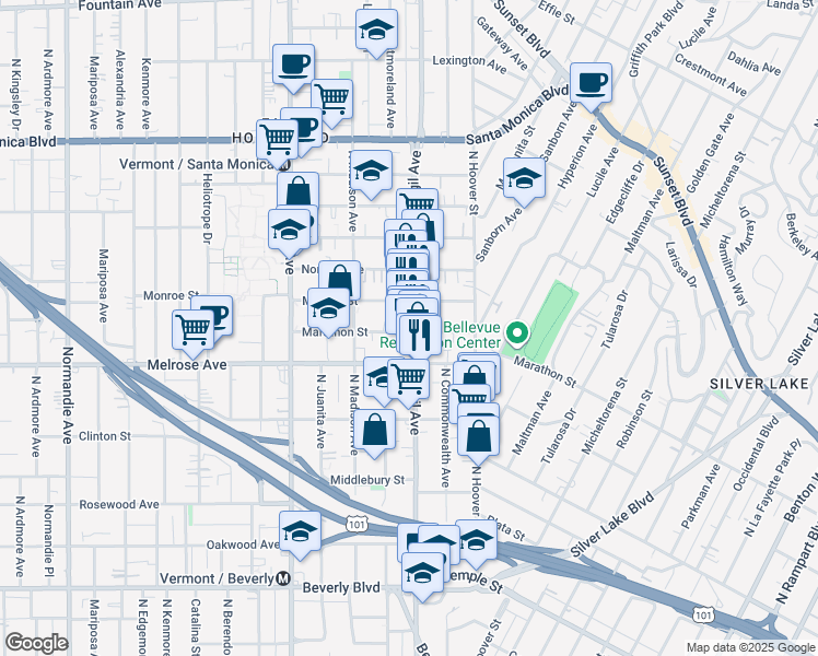 map of restaurants, bars, coffee shops, grocery stores, and more near 727 North Virgil Avenue in Los Angeles