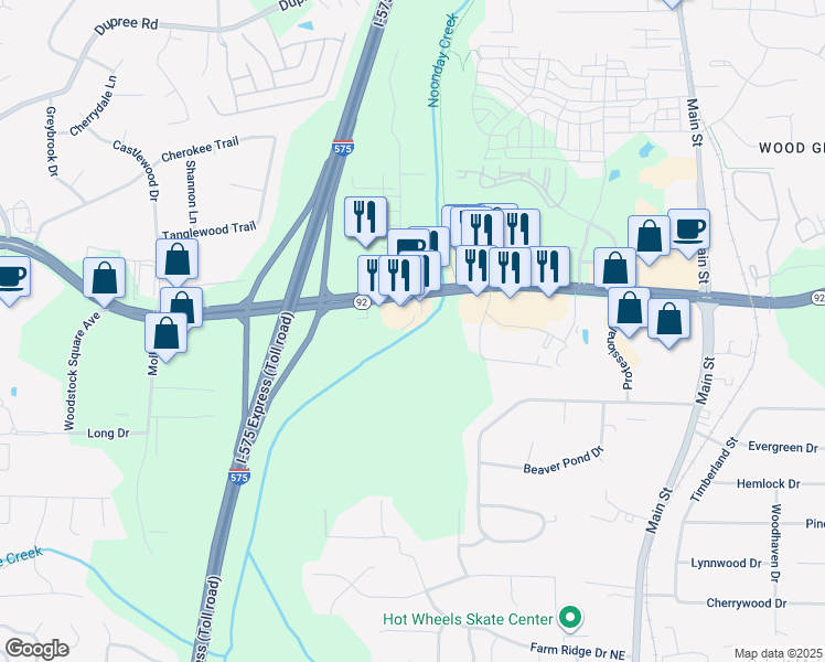 map of restaurants, bars, coffee shops, grocery stores, and more near 281 Heritage Walk in Woodstock