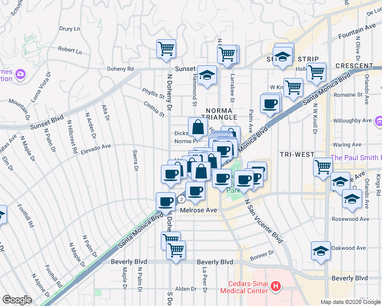 map of restaurants, bars, coffee shops, grocery stores, and more near 9012 Elevado Avenue in West Hollywood