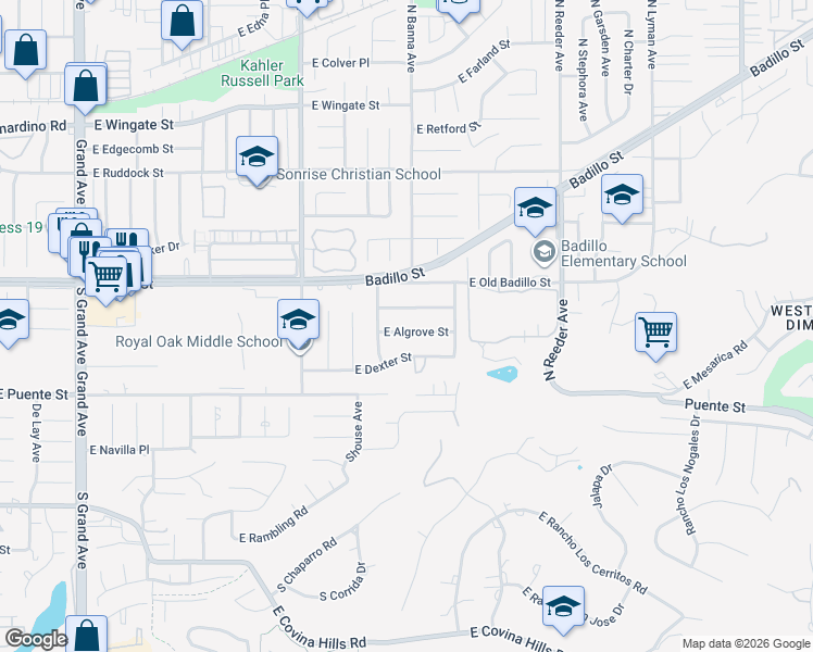 map of restaurants, bars, coffee shops, grocery stores, and more near 1481 East Algrove Street in Covina