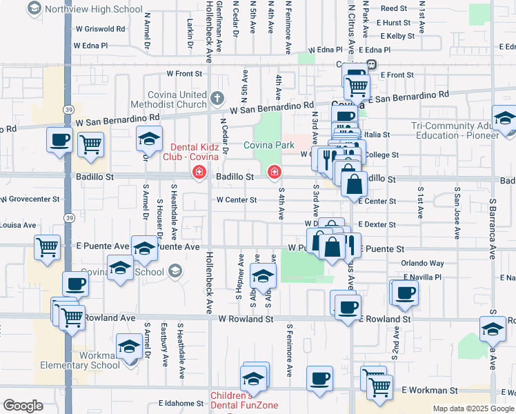 map of restaurants, bars, coffee shops, grocery stores, and more near 354 West Center Street in Covina