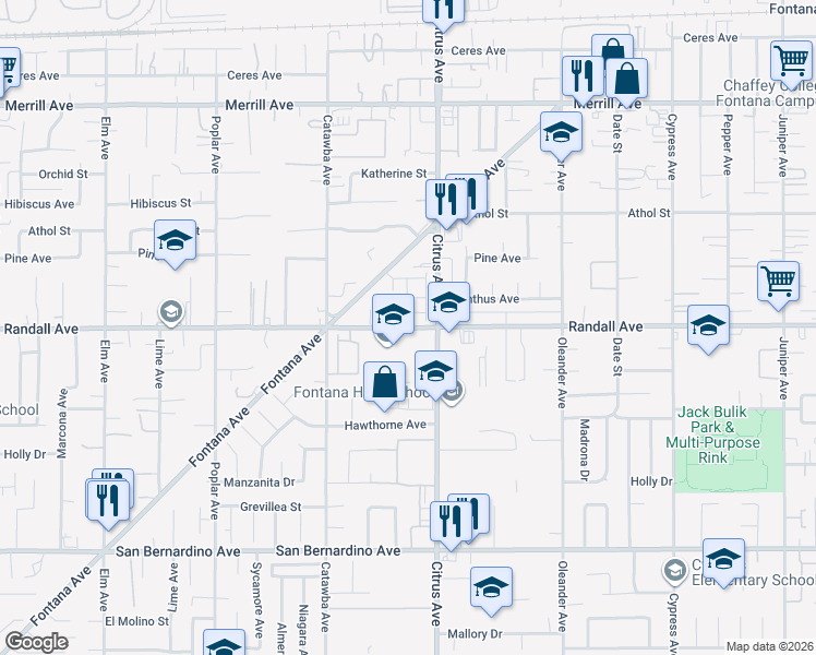 map of restaurants, bars, coffee shops, grocery stores, and more near 16041 Randall Avenue in Fontana