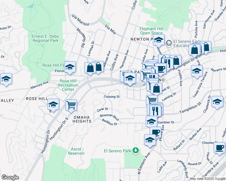 map of restaurants, bars, coffee shops, grocery stores, and more near 4648 Grey Drive in Los Angeles