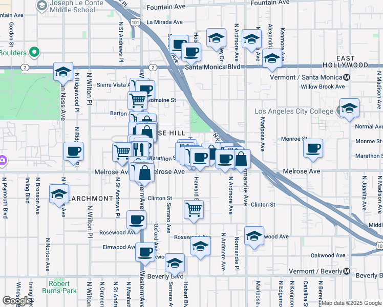 map of restaurants, bars, coffee shops, grocery stores, and more near 802 North Hobart Boulevard in Los Angeles