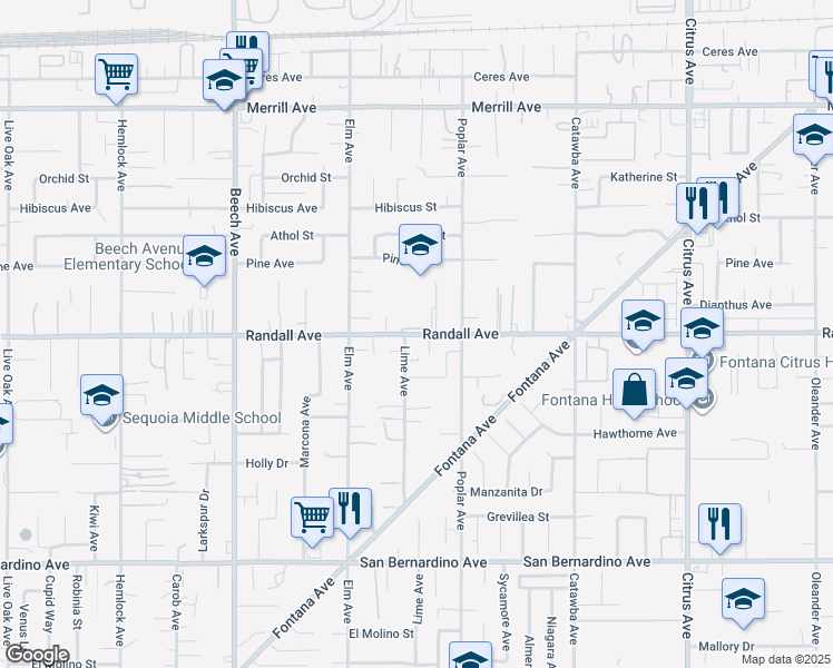 map of restaurants, bars, coffee shops, grocery stores, and more near 15620 Randall Avenue in Fontana