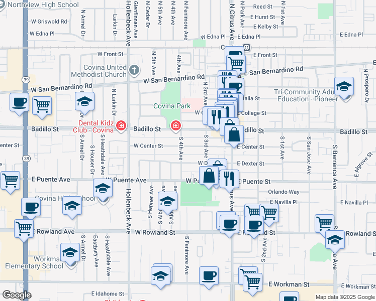 map of restaurants, bars, coffee shops, grocery stores, and more near 260 West Center Street in Covina