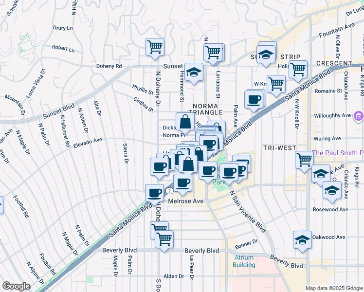 map of restaurants, bars, coffee shops, grocery stores, and more near 9000 Elevado Avenue in West Hollywood