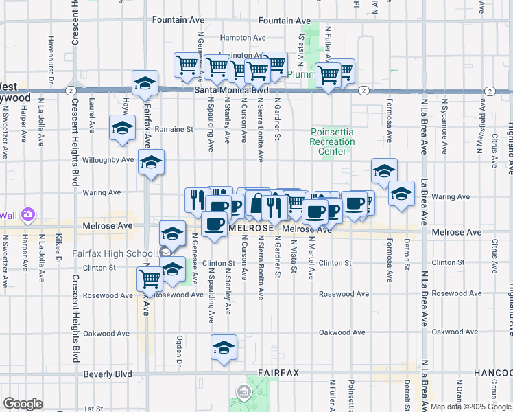 map of restaurants, bars, coffee shops, grocery stores, and more near 727 North Sierra Bonita Avenue in Los Angeles