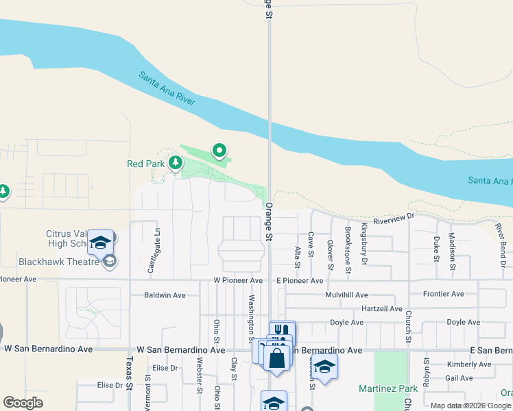 map of restaurants, bars, coffee shops, grocery stores, and more near 140 West Pioneer Avenue in Redlands