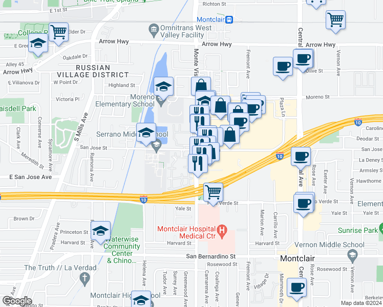 map of restaurants, bars, coffee shops, grocery stores, and more near in Montclair