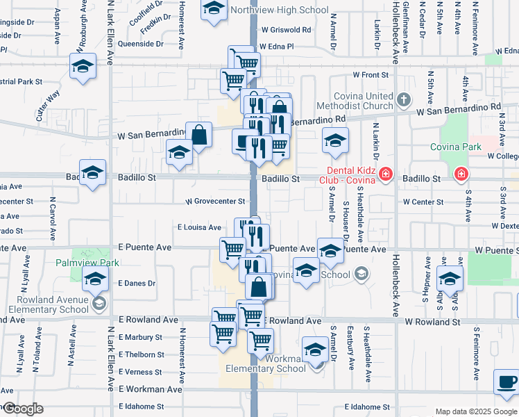 map of restaurants, bars, coffee shops, grocery stores, and more near 744 State Route 39 in West Covina