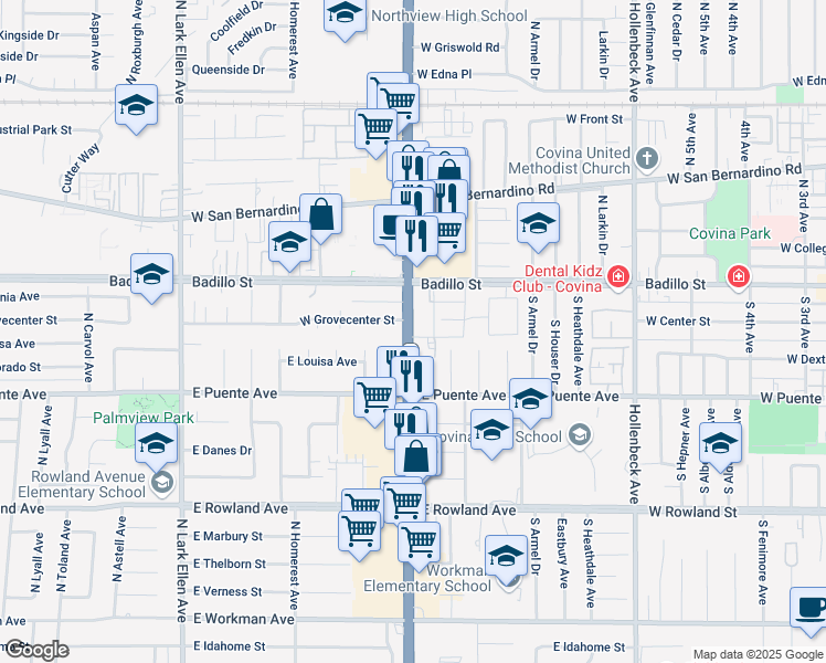 map of restaurants, bars, coffee shops, grocery stores, and more near 744 State Route 39 in West Covina