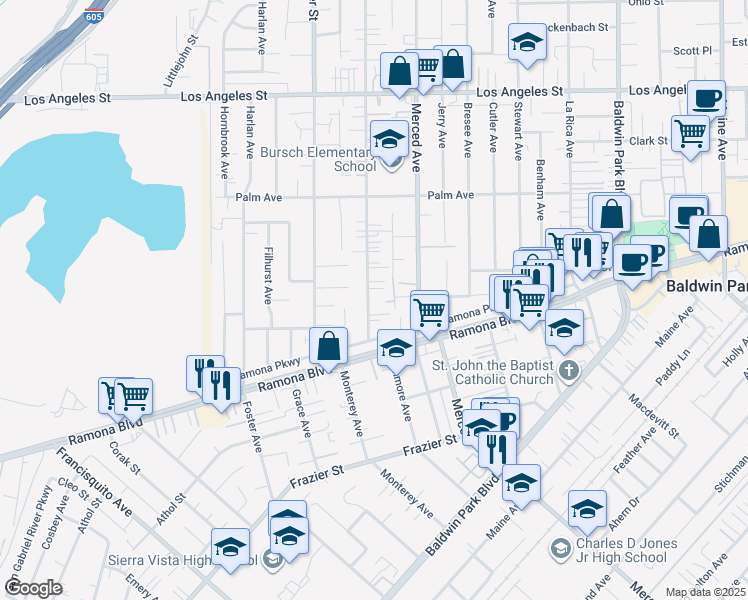 map of restaurants, bars, coffee shops, grocery stores, and more near 3993 Kenmore Avenue in Baldwin Park