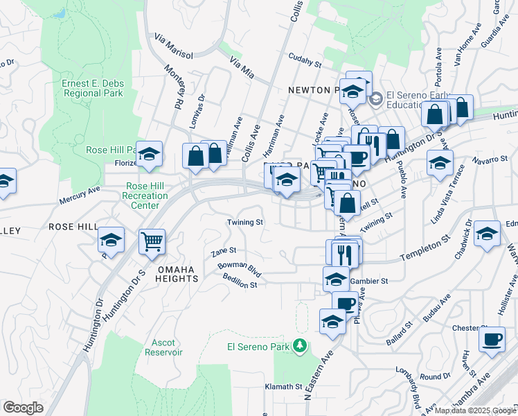 map of restaurants, bars, coffee shops, grocery stores, and more near 4648 Grey Drive in Los Angeles