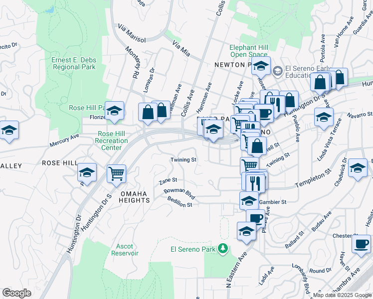 map of restaurants, bars, coffee shops, grocery stores, and more near 4648 Grey Drive in Los Angeles