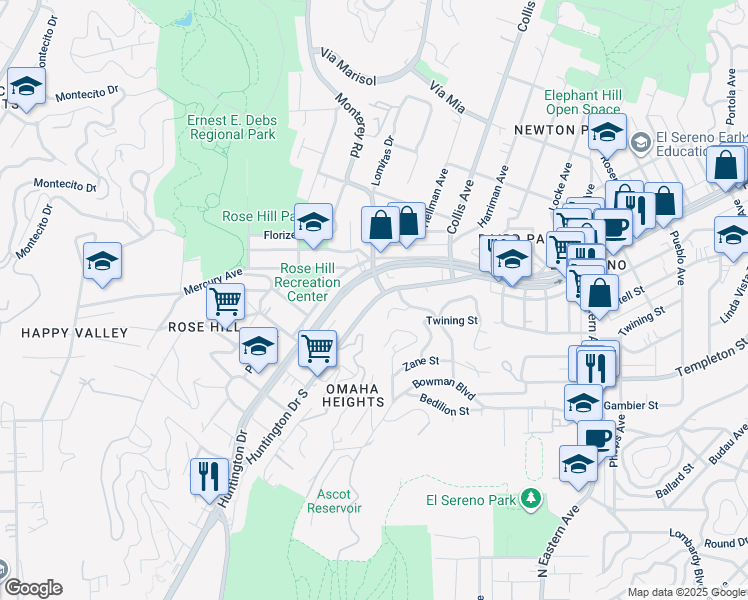 map of restaurants, bars, coffee shops, grocery stores, and more near 4537 Huntington Drive South in Los Angeles