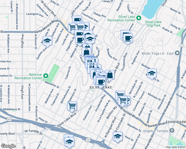 map of restaurants, bars, coffee shops, grocery stores, and more near 3110 Sunset Boulevard in Los Angeles