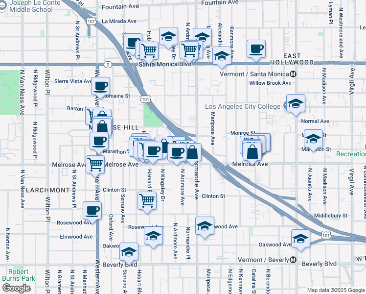 map of restaurants, bars, coffee shops, grocery stores, and more near 731 North Ardmore Avenue in Los Angeles