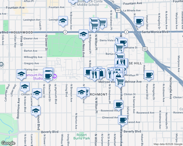 map of restaurants, bars, coffee shops, grocery stores, and more near 729 North Wilton Place in Los Angeles