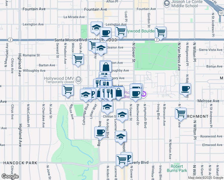 map of restaurants, bars, coffee shops, grocery stores, and more near 5843 Camerford Avenue in Los Angeles