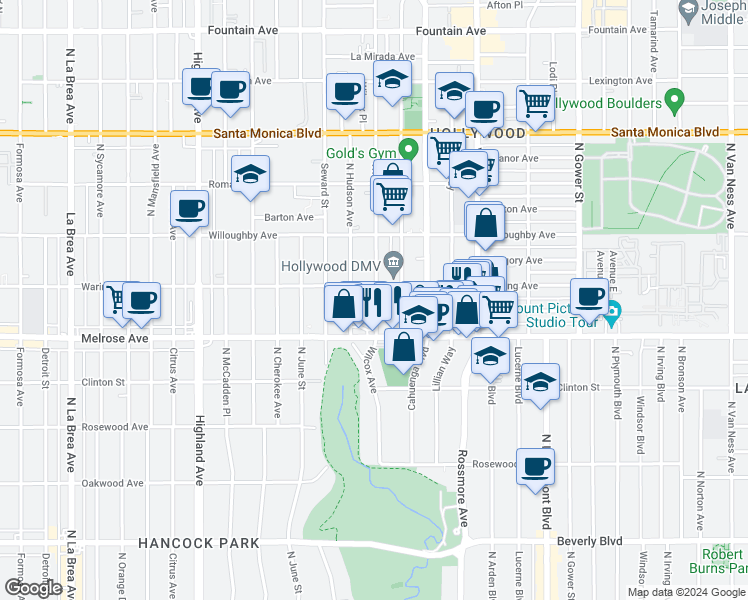 map of restaurants, bars, coffee shops, grocery stores, and more near 732 Wilcox Avenue in Los Angeles