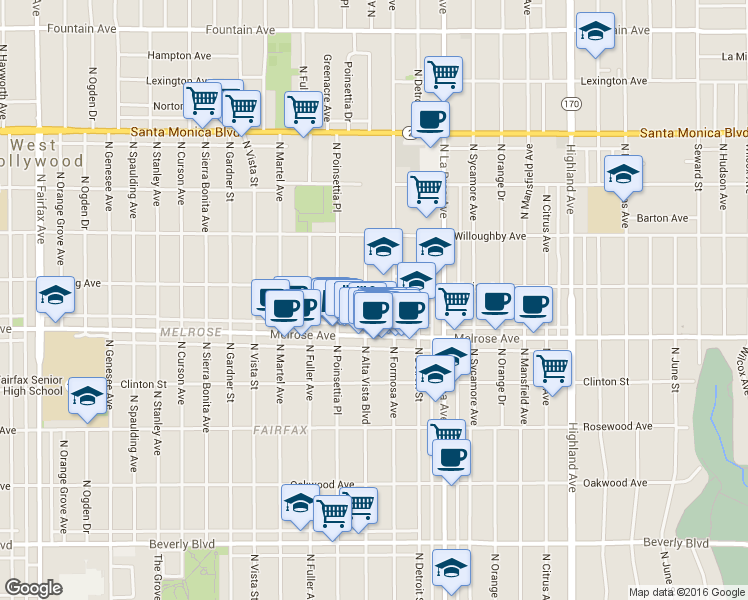 map of restaurants, bars, coffee shops, grocery stores, and more near 732 North Alta Vista Boulevard in West Hollywood