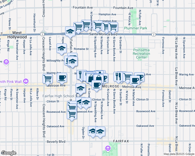 map of restaurants, bars, coffee shops, grocery stores, and more near 7729 Melrose Avenue in Los Angeles