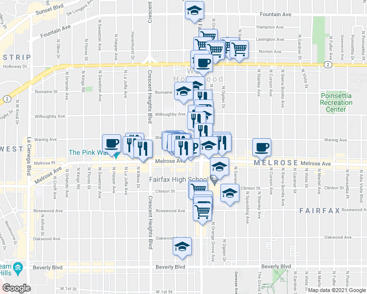 map of restaurants, bars, coffee shops, grocery stores, and more near 720 North Edinburgh Avenue in Los Angeles