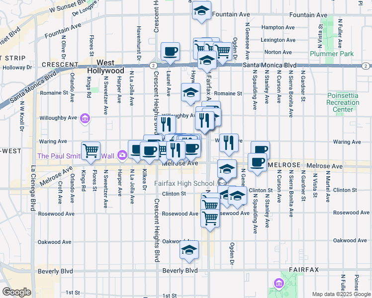 map of restaurants, bars, coffee shops, grocery stores, and more near 720 North Edinburgh Avenue in Los Angeles