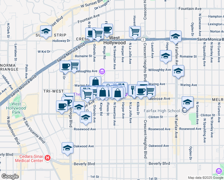 map of restaurants, bars, coffee shops, grocery stores, and more near 740 North Kings Road in Los Angeles