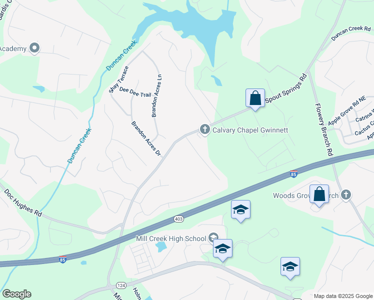 map of restaurants, bars, coffee shops, grocery stores, and more near 2180 Oakpointe Court in Buford