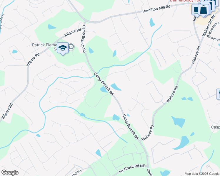 map of restaurants, bars, coffee shops, grocery stores, and more near 3251 Camp Branch Road in Buford