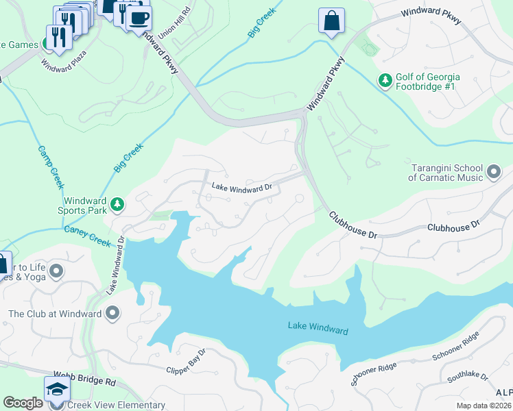 map of restaurants, bars, coffee shops, grocery stores, and more near 5125 Harbour Ridge Drive in Alpharetta