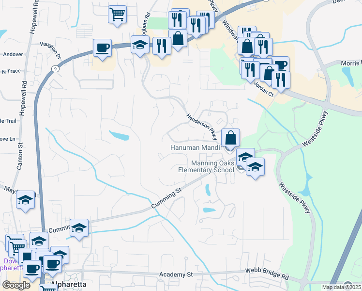 map of restaurants, bars, coffee shops, grocery stores, and more near 1160 Arborhill Lane in Alpharetta