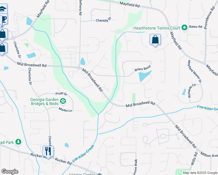 map of restaurants, bars, coffee shops, grocery stores, and more near 1055 Gramercy Lane in Alpharetta