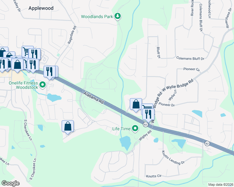 map of restaurants, bars, coffee shops, grocery stores, and more near 509 Oxeye Drive in Woodstock