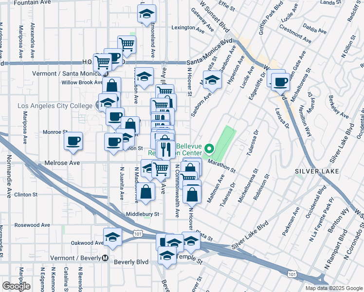 map of restaurants, bars, coffee shops, grocery stores, and more near 3921 Marathon Street in Los Angeles