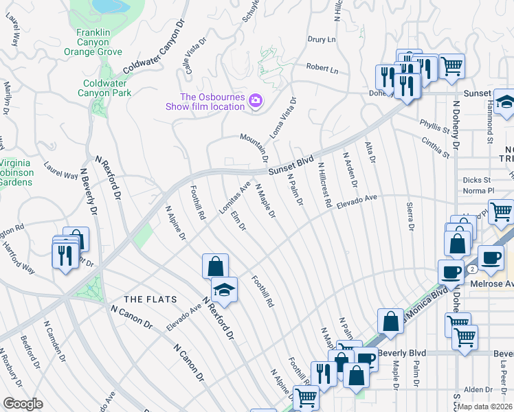 map of restaurants, bars, coffee shops, grocery stores, and more near 717 North Maple Drive in Beverly Hills