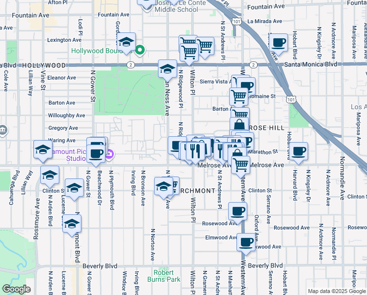 map of restaurants, bars, coffee shops, grocery stores, and more near 729 North Wilton Place in Los Angeles