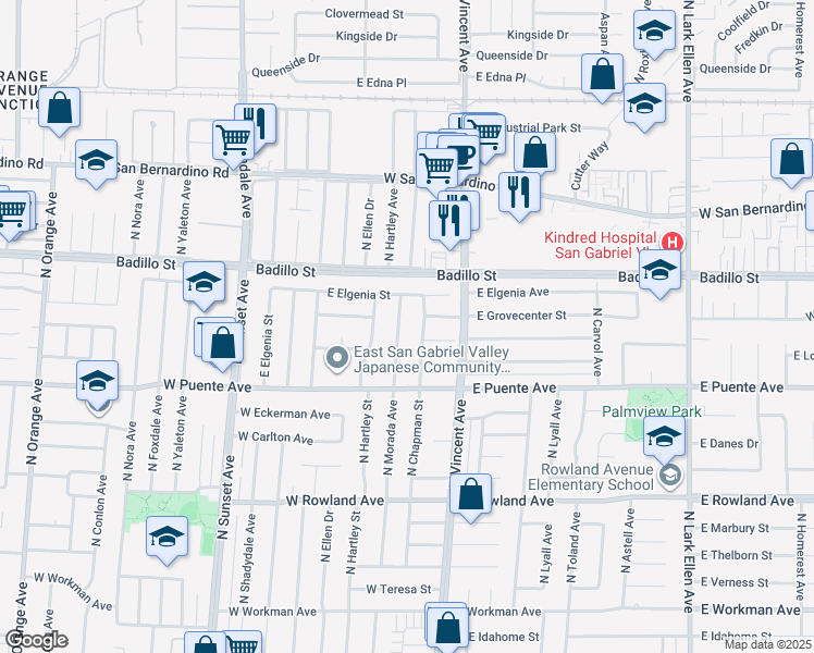 map of restaurants, bars, coffee shops, grocery stores, and more near 3902 North Morada Avenue in Covina