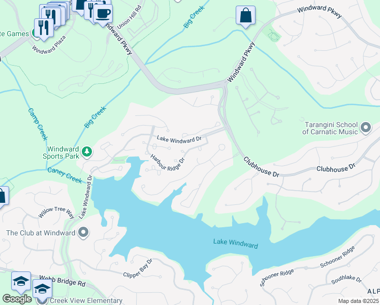 map of restaurants, bars, coffee shops, grocery stores, and more near 5125 Harbour Ridge Drive in Alpharetta