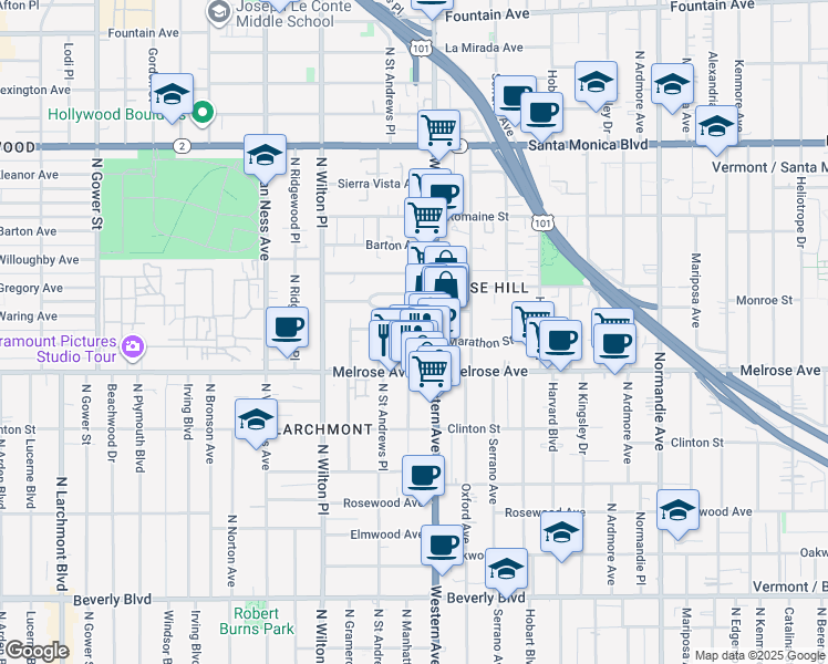 map of restaurants, bars, coffee shops, grocery stores, and more near 743 North Western Avenue in Los Angeles