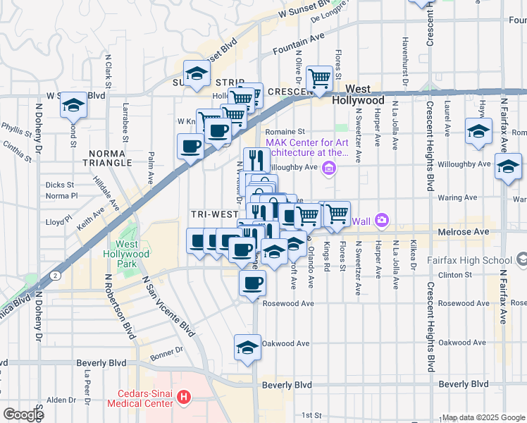map of restaurants, bars, coffee shops, grocery stores, and more near 725 North Alfred Street in Los Angeles