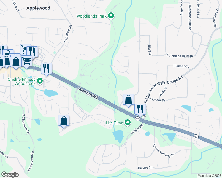 map of restaurants, bars, coffee shops, grocery stores, and more near 509 Oxeye Drive in Woodstock
